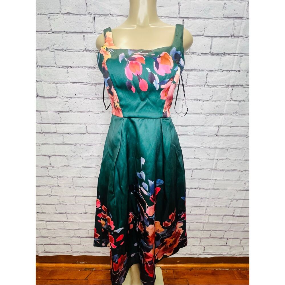 Julia Jordan Womens Green Multi Floral Mikado Pleated Fit & Flare Dress Sz 4